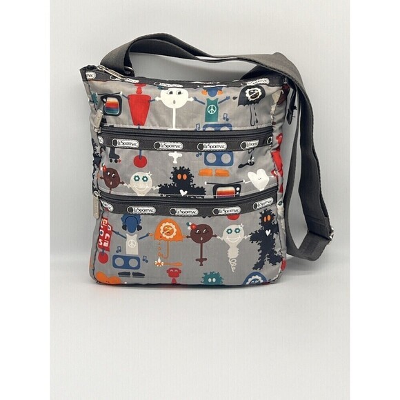 Lesportsac Travel Crossbody 3 Zip Front Pockets  Robot Retro Print Shoulder Bag - Picture 1 of 15